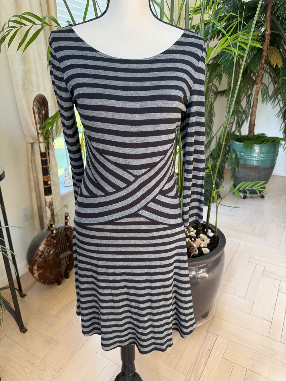 New York & Company Black and Gray Striped Long-Sleeve A-Line Dress